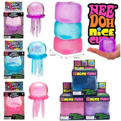 NeeDoh Trending Jellyfish & Cube Squish Toy, Soft Jelly Squeeze Stress Relief Fidget Toy, Sensory NeeDoh for Kids & Adults