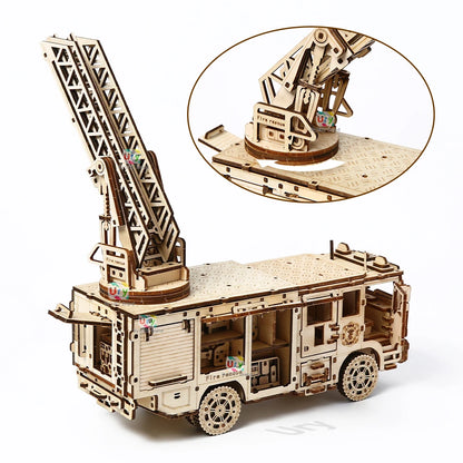 Ury 3D Wooden Puzzle City Series Car Fire Ladder Truck Movable Retro Vehicle Assembly Model DIY Decoration Gift
