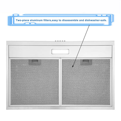 Tieasy 30 inch 230 CFM Under Cabinet Mount Stainless Steel with Carbon Filter LED Lights Kitchen Range Hood USGF2375CF