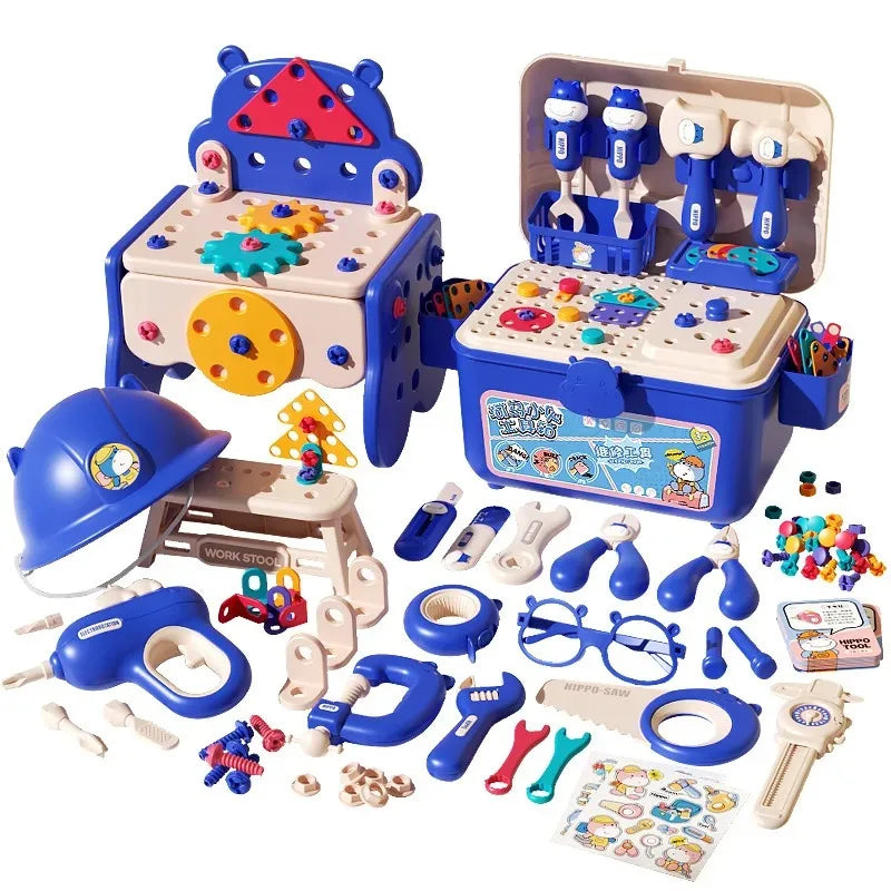 Kids pretend play hippo repair toolbox with simulation electric drill, screw tightening, take-apart & assembly play set.