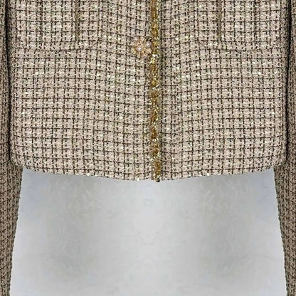 Autumn Winter Small Fragrant Style Gold Plaid Coarse Knitted Two Piece Set Women Suit Coat Tweed Jackets Midi Long Skirts Sets