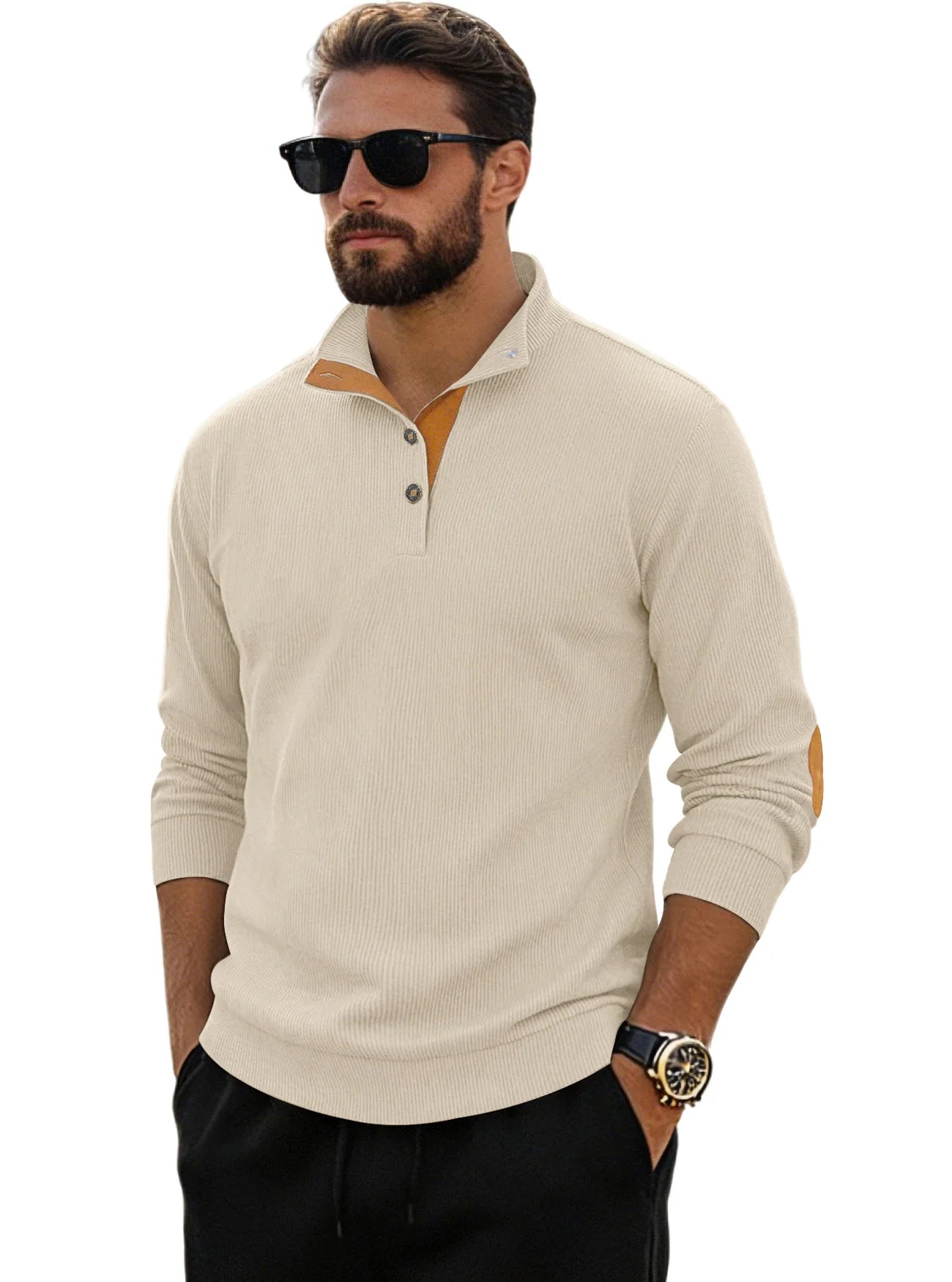 Men‘s Corduroy Button Up Pullover Stand Collar Contrast Elbow Patch Casual Top 2026