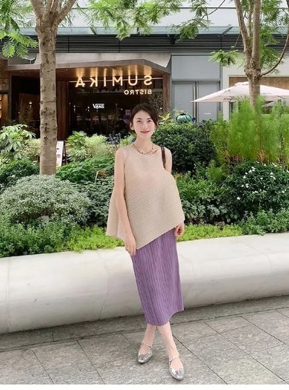 Unique Folded Design Sleeveless Top Set for Small Women Elegant Suitable Travel Wear Polyester Summer T-Shirt round Neck High...