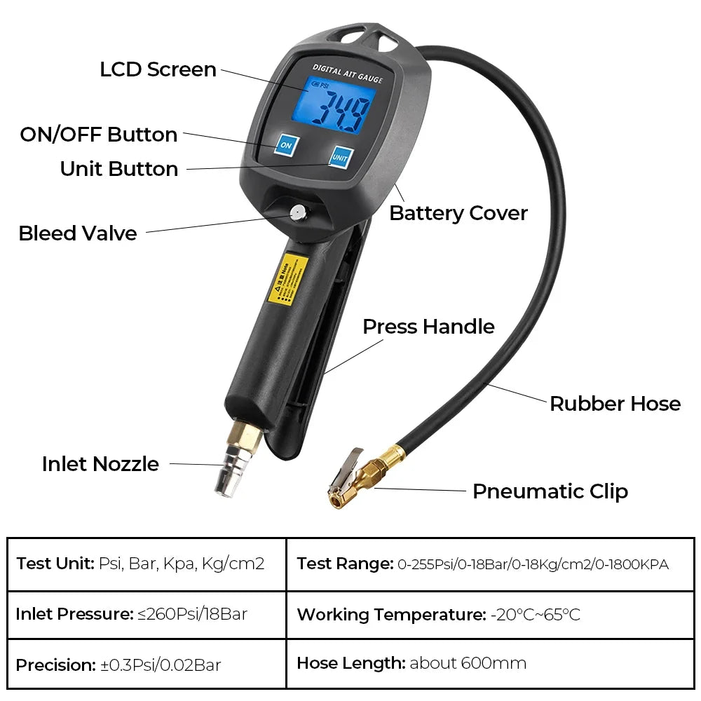 Multi-Unit Tire Inflator Gauge 0-18Kg/cm² 0-1800KPA 0-255PSI 0-18Bar Digital Display For Car Bike Tire Pressure Monitoring