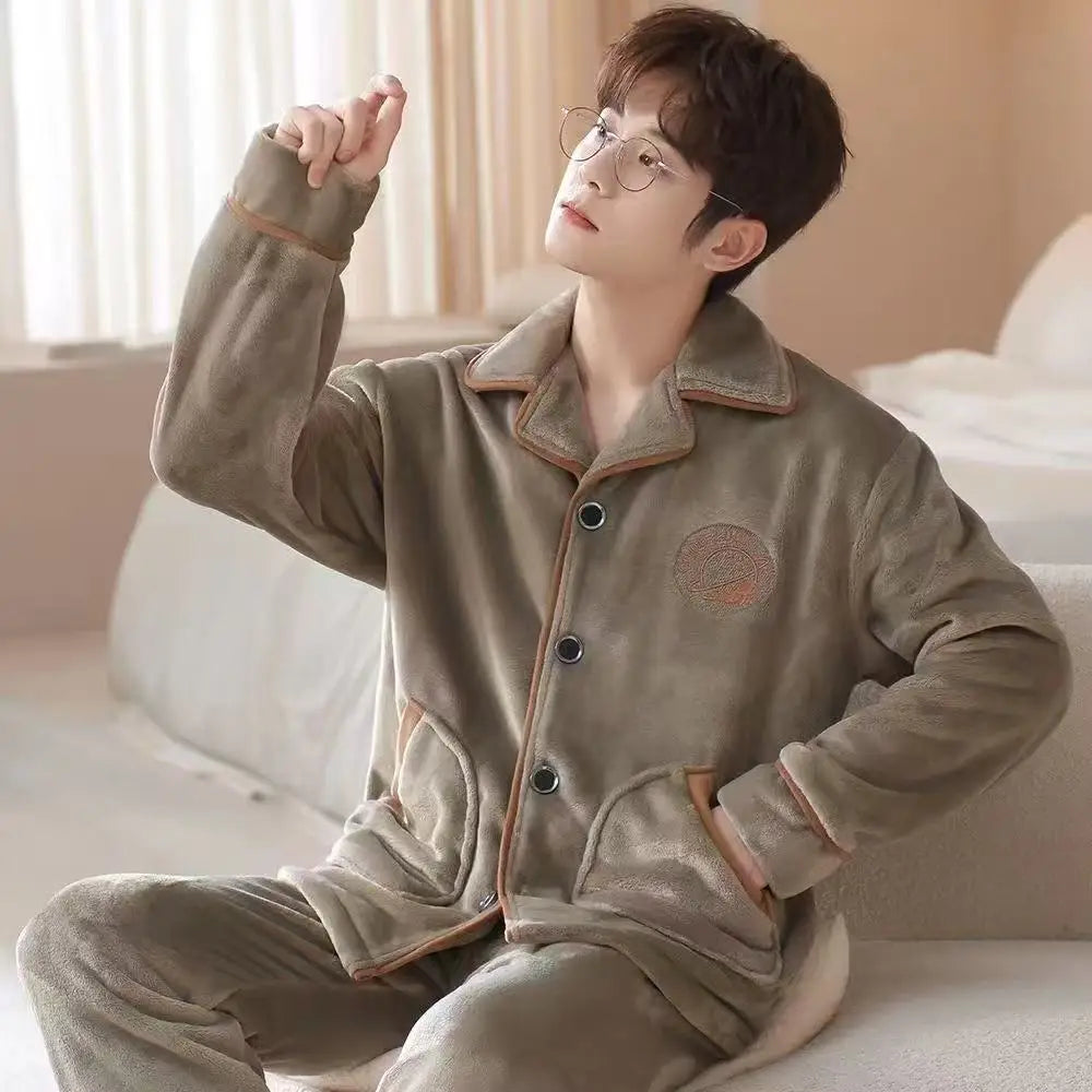 Men's Winter Sleepwear Coral Fleece Thickened Flannel Casual Long Sleeve Pajamas Large Size Home Clothes Chinese Style