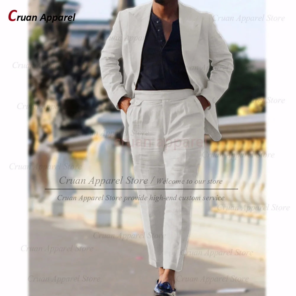 Classic Summer Linen Suit Sets For Men Smart Casual Blazer And Pants 2 Pieces Formal Evening  Fashion Slim Fit Suit Attire