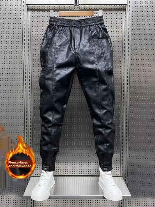 Men's Fleece Lined Windproof Biker Leather Pants Thickened Casual Loose Fit Long Trousers Autumn Winter Fashion Trendy