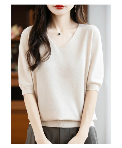 Thin Worsted Wool Short-Sleeved Women's Loose Round Neck T-shirt Printed Summer Fashion Knitted Bottoming Shirt Half-Sleeved