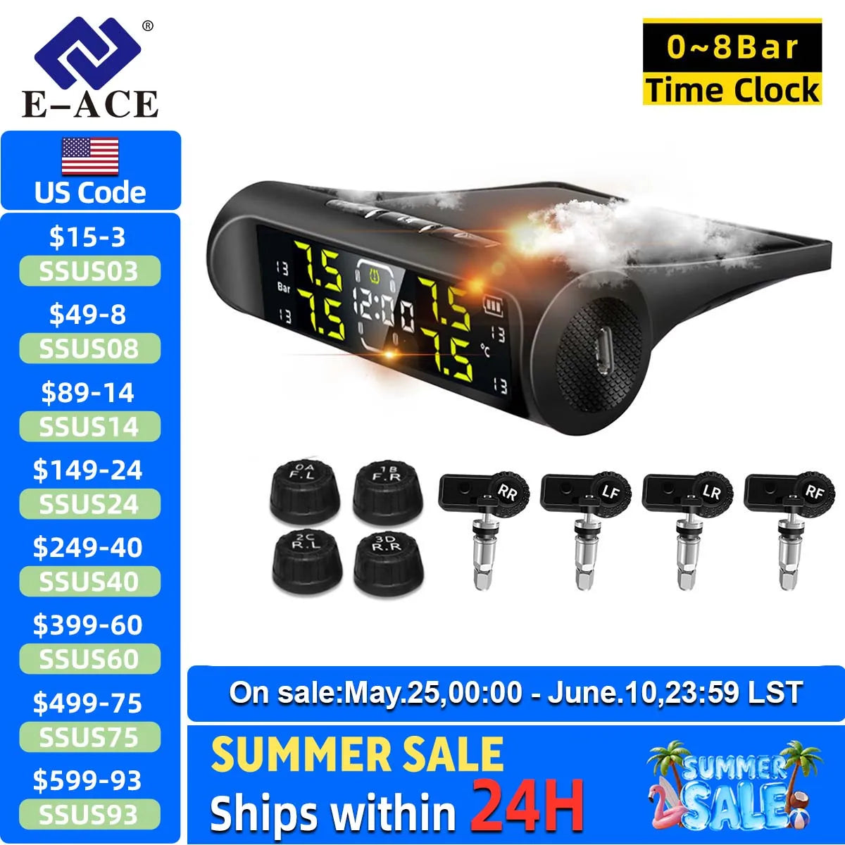 E-ACE Car Solar Tire Pressure TPMS Monitoring System Solar Power Digital tpms Display Security Alarm Tyre 4Wheel Pressure Sensor