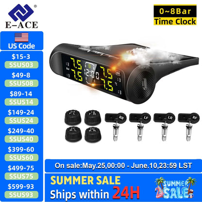 E-ACE Car Solar Tire Pressure TPMS Monitoring System Solar Power Digital tpms Display Security Alarm Tyre 4Wheel Pressure Sensor