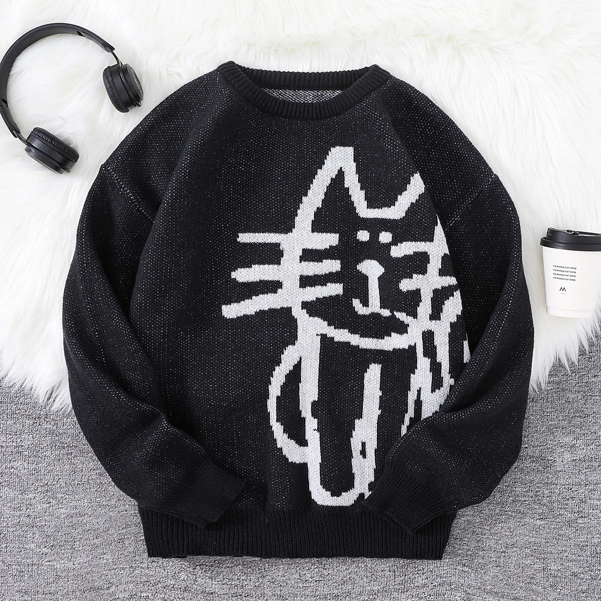 Autumn and Winter Abstract Kitten Jacquard Pattern Pullover Sweater Casual Round Neck Knitted Men's Pullover