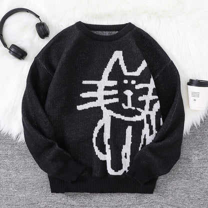 Autumn and Winter Abstract Kitten Jacquard Pattern Pullover Sweater Casual Round Neck Knitted Men's Pullover