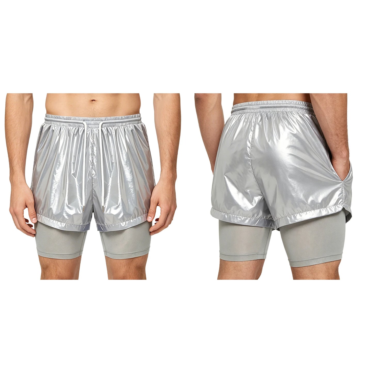 Men Oil Glossy Cargo Shorts Waterproof Elastic Waist Band Multi-pocket Zipper Overalls Capri Pants Dance Clubwear Beach Swimwear