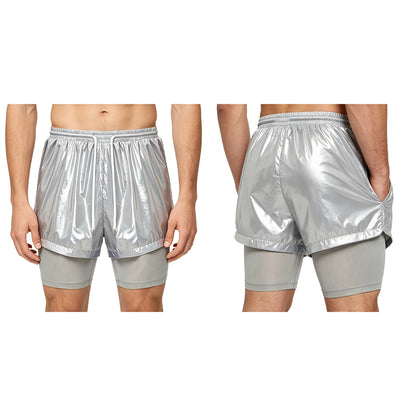 Men Oil Glossy Cargo Shorts Waterproof Elastic Waist Band Multi-pocket Zipper Overalls Capri Pants Dance Clubwear Beach Swimwear
