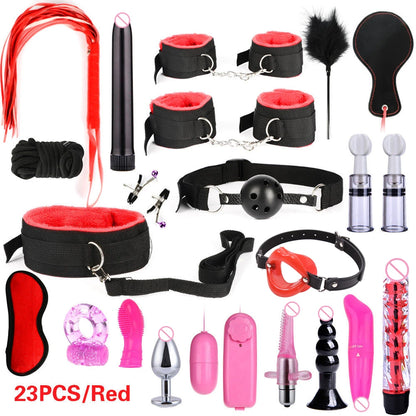 Hot Exotic Bed Bondage Set BDSM Kits Exotic Sex Toys For Women Adults Games Leather Handcuffs Whip Gag Nipple Clamps Sex Shop