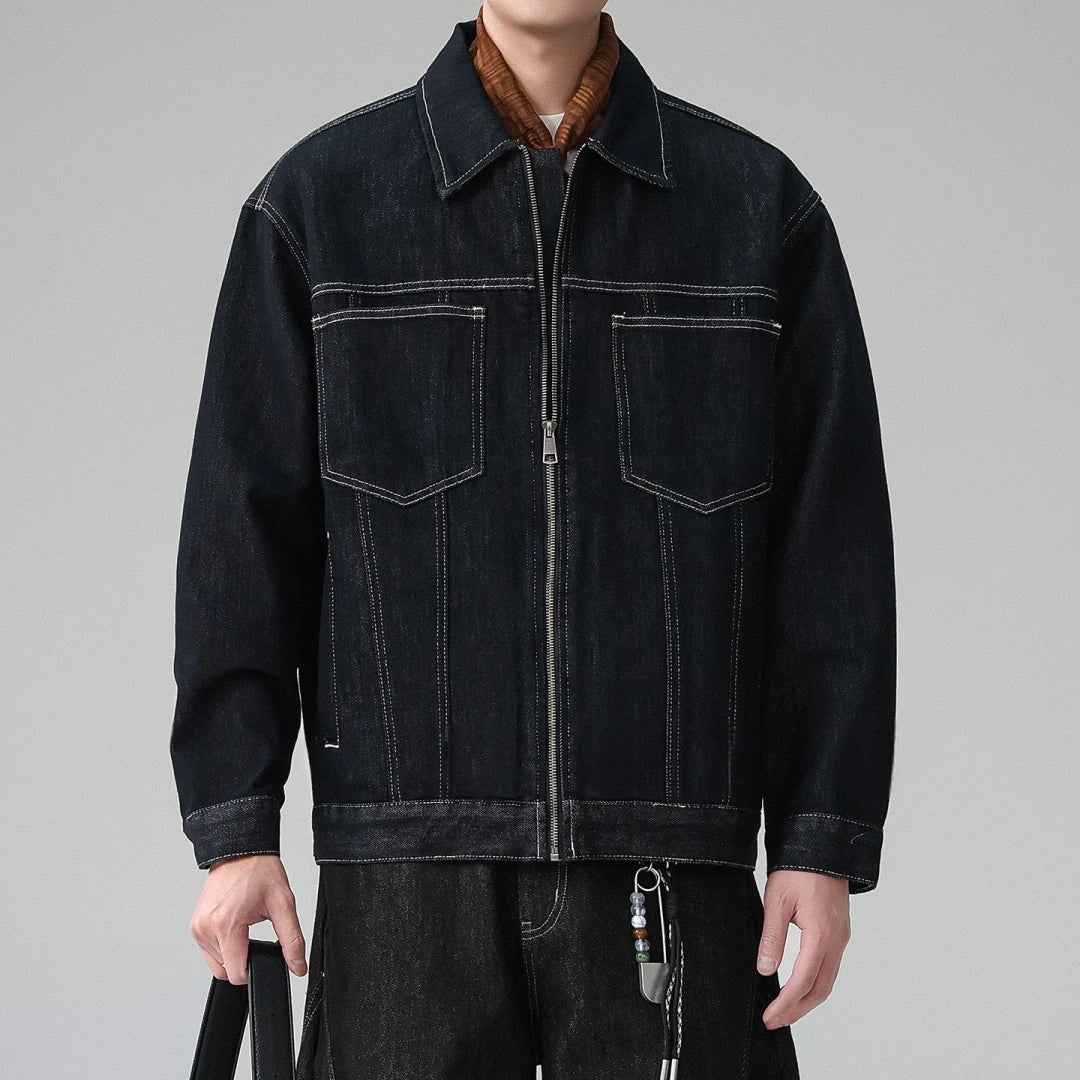 Mens American Vintage Denim Trucker Jacket Lapel Collar Lyocell Blend Topstitching Premium Spring Fall Casual Trendy Coat Male