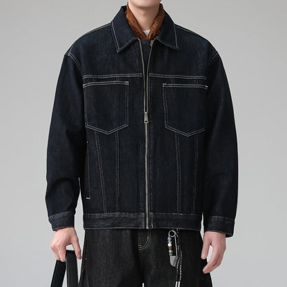 Mens American Vintage Denim Trucker Jacket Lapel Collar Lyocell Blend Topstitching Premium Spring Fall Casual Trendy Coat Male