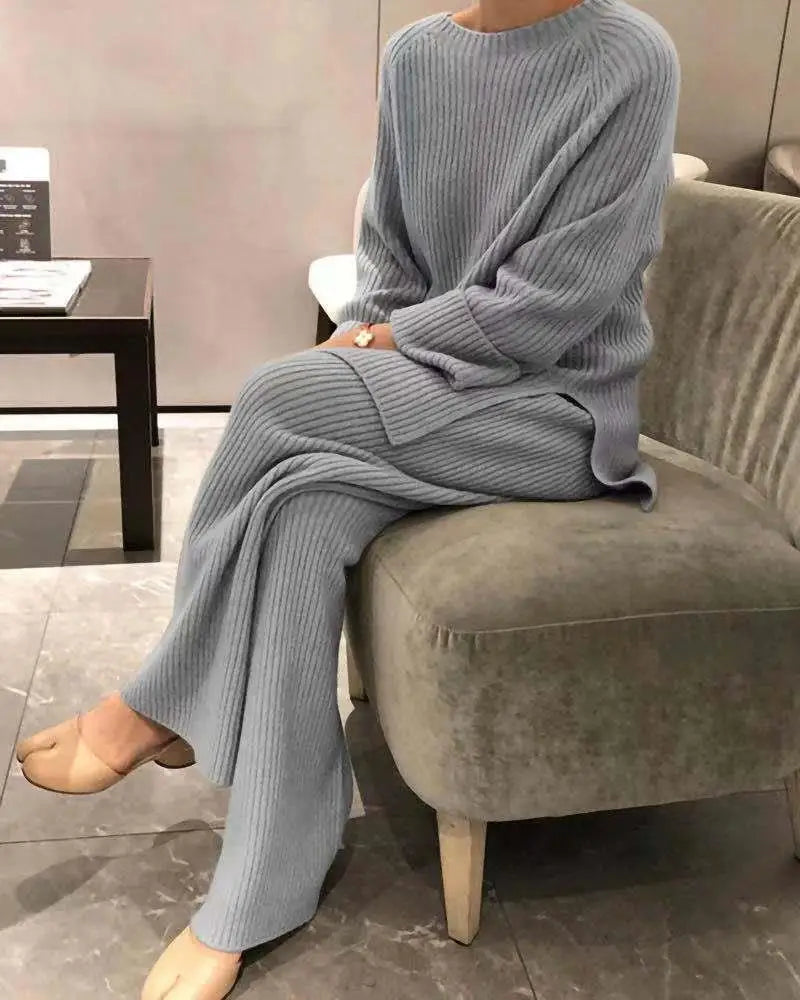 Casual Women's Knitted Sweater Two-Piece Set Cross-Border Fashion Spring Long Sleeve Pants Long Pants Suitable for 18-25 Year...