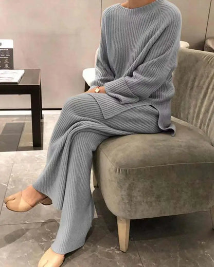 Casual Women's Knitted Sweater Two-Piece Set Cross-Border Fashion Spring Long Sleeve Pants Long Pants Suitable for 18-25 Year...