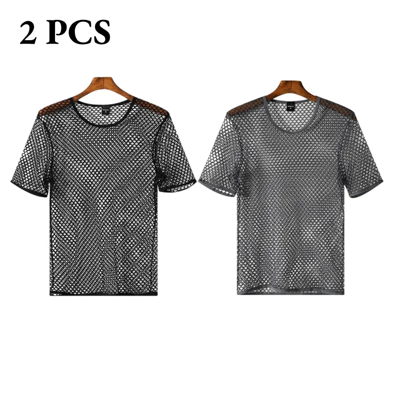 Men's Fishnet Mesh T-Shirt See Through O-neck Short Sleeve Hollow Out Tops Breathable Streetwear Nightclub Party Sheer T Shirts