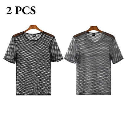 Men's Fishnet Mesh T-Shirt See Through O-neck Short Sleeve Hollow Out Tops Breathable Streetwear Nightclub Party Sheer T Shirts