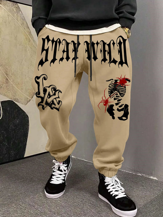 Men's Retro Dark Grunge Gothic Letter Skeleton Graphic Joggers Elastic Cuff Sweatpants Popular Vintage Streetwear Casual Pants