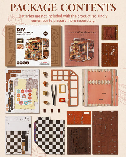 Rolife Henry's Chocolate DIY Miniature House Kit  Wooden Dollhouse Model Building Kit With LED Craft Gifts for Adults