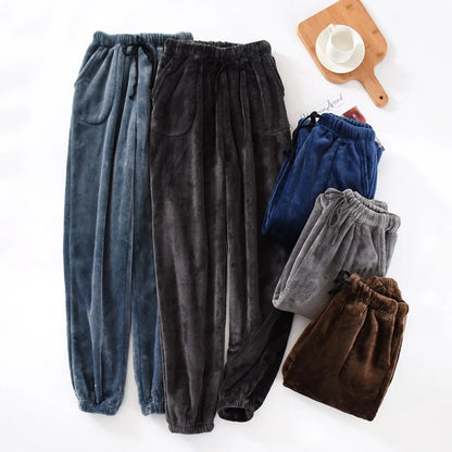 Mens Winter Fleece Lined Sleep Pants Warm Thickened Flannel Lounge Pants Elastic Cuff Homewear