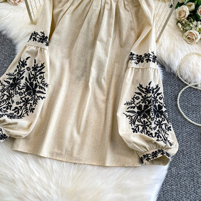 Bohemian Vacation Style Women's Shirt round Neck Lantern Sleeve Embroidery Heavy Work Autumn Design Sense Knot Design Top