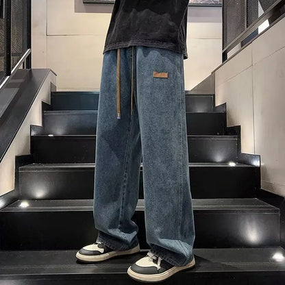 Men's Y2K Baggy Jeans Drawstring Elastic Waist Washed Denim Pants Straight Leg Wide Leg Streetwear Loose Fit Trousers
