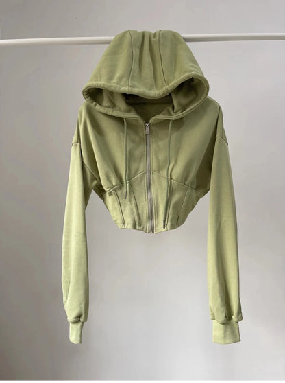 Spicy Girl Retro  Color Hoodie Women's Ultra-Short Waist-Cinching Belly-Baring Long-Sleeve Open Cardigan Top Coat