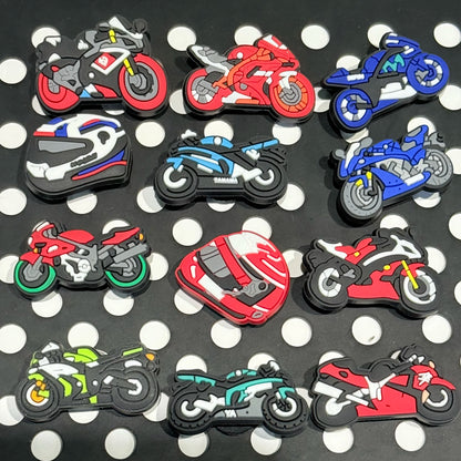 12-100Pcs Mix Motorcycle Helmet PVC Shoe Charms Cool Man Woman Sandal Buckle Decorations Fit Birthday Gift