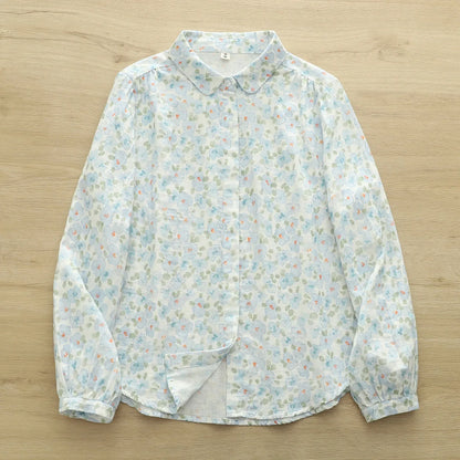 New Autumn women's clothing 100% cotton yarn rustic blue flower print shirts and blouses for women long sleeve shirts