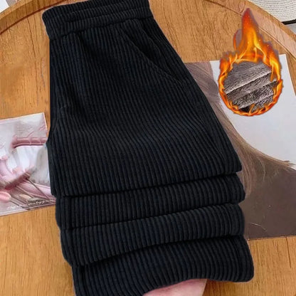 Autumn Winter Corduroy Wide Leg Pants Women's Fleece Lined Casual Thickened Loose Slimming plus Size Straight Leg Trousers