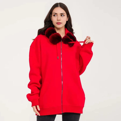 Women Hoodie Jacket With Real Chinchilla Rabbit Fur Collar Lady's Sweatshirt Streetwear Zip Up Luxury Hoody Zipper Genuine