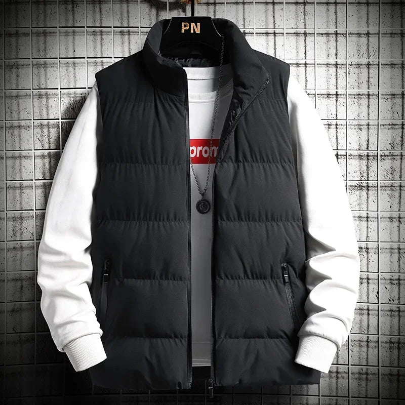 Casual jacket autumn and winter men's loose sleeveless zipper down vest men's solid color warm vest men's stand up collar jacket