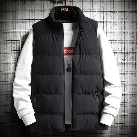 Casual jacket autumn and winter men's loose sleeveless zipper down vest men's solid color warm vest men's stand up collar jacket