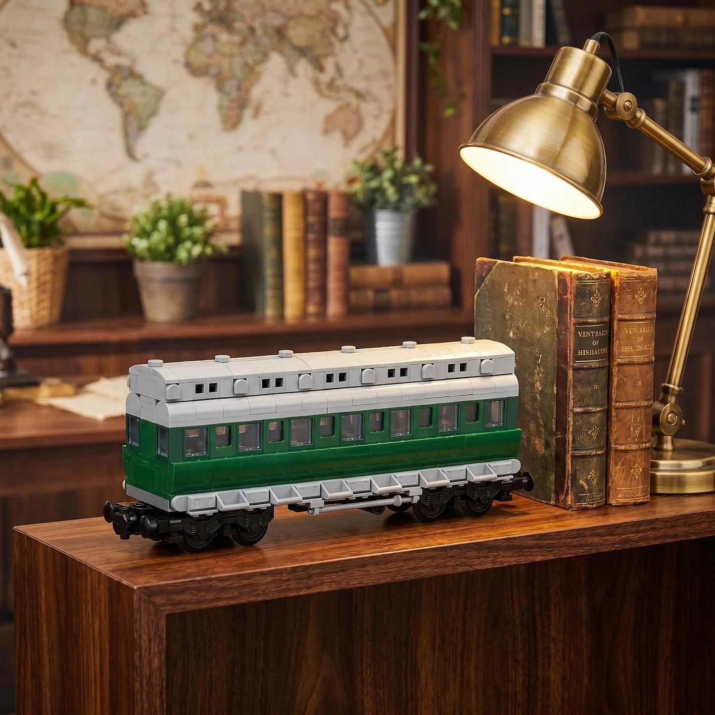 26cm Retro Double-Deck Passenger Train Car Building Blocks Model Green Gray Classic Train Display Toy for Hobbyists