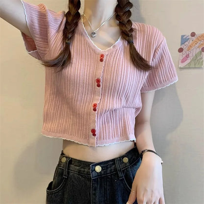 Summer Women's Ice Silk Knitted T-shirt Short Sleeve Striped High Waist Design Sweet And Spicy Belly Button Short Top