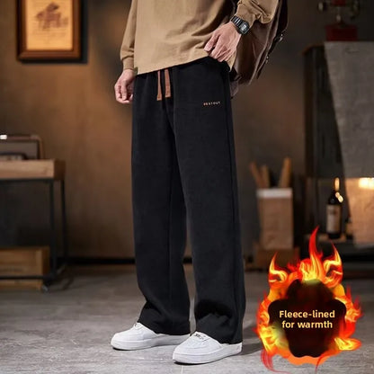 Men's Casual Thickened Fleece Lined Corduroy Straight Leg Loose Fit Autumn Winter Fashionable Brand Pants Leisure Trousers