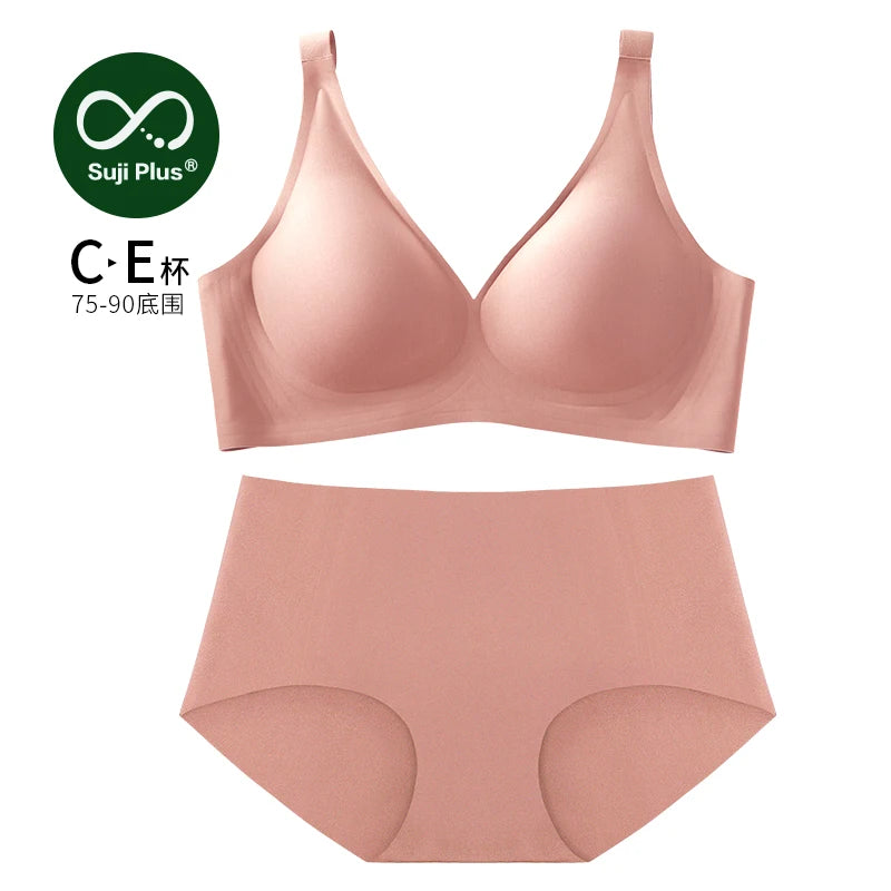 SUJIIN Plus Size Seamless Bra Sets for Women 2025 Push Up Wireless Minimizer Bras Lady Anti-sagging Bralettes for Large Breasts