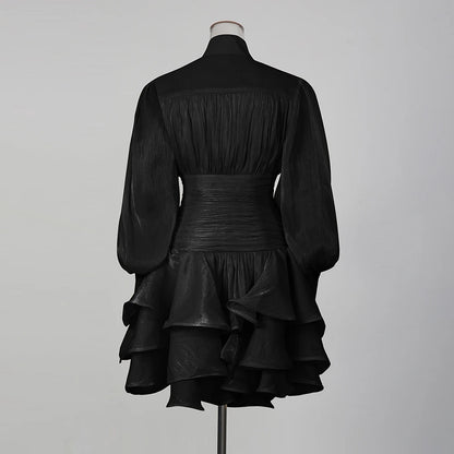 TWOTWINSTYLE Solid Spliced Ruffles Dress Female Stand Collar Long Sleeve Loose French Elegant Women's Dresses Autumn Fashion New