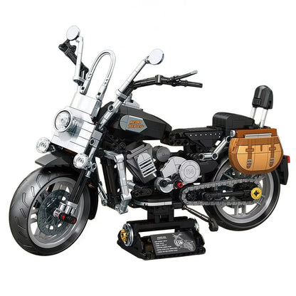 Retro sidecar motorcycle building block set, vintage three-wheeled motorcycle model with sidecar, MOC assembly building block to