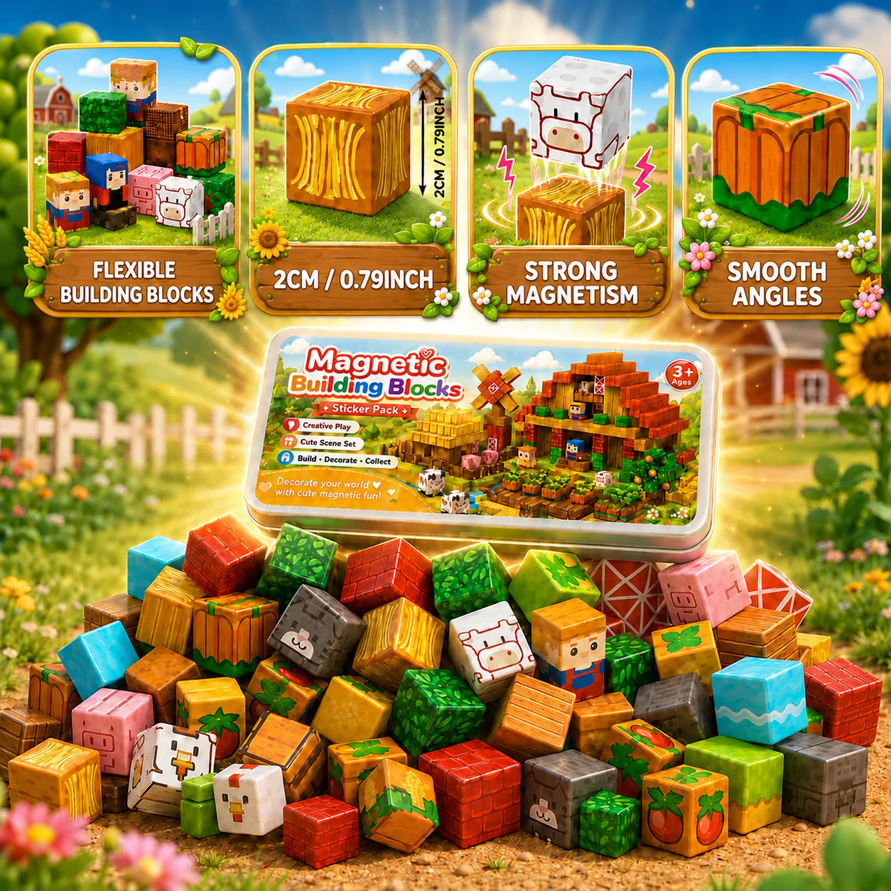 Magnetic Building Blocks Magnet World Magnetic Farm Style Tin Box Construction Brick Cube STEM Boy Girl Children Toy Set Gift