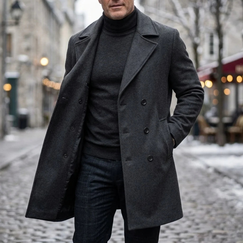 New Men's Coats Double Breasted Coat Autumn Winter Warm Garry Cloth Solid Color Overcoat Medium Long Mens Streetwear Casual Suit