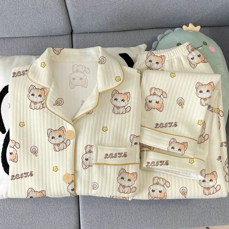 Thickened Air Cotton Sleepwear Set for Women Lazy Bear Cartoon Design Long Sleeve Long Pants Home Clothes Autumn Winter