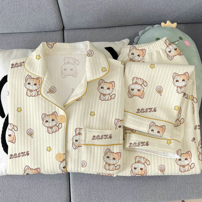 Thickened Air Cotton Sleepwear Set for Women Lazy Bear Cartoon Design Long Sleeve Long Pants Home Clothes Autumn Winter