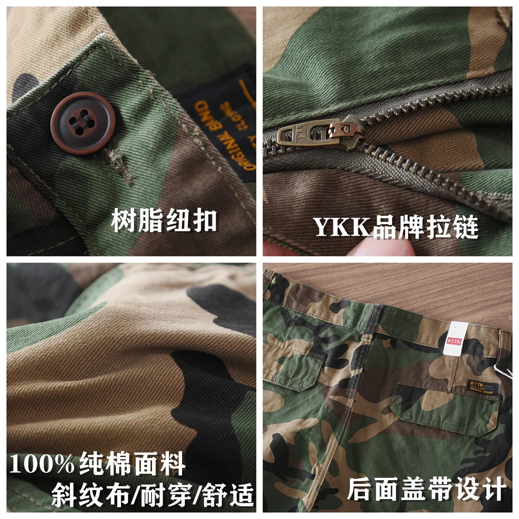 Summer New American Retro Camouflage Multi-pocket Casual Cargo Shorts Men's 100% Cotton Washed Youth Sports Knee Length Pants