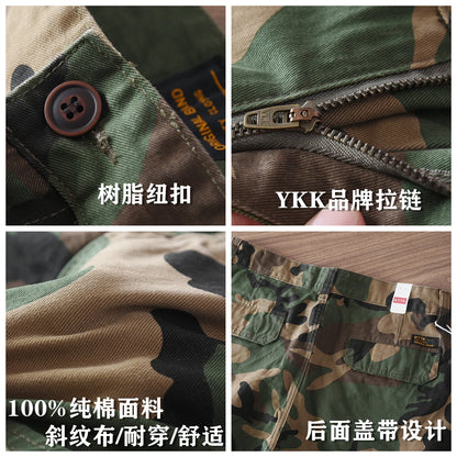 Summer New American Retro Camouflage Multi-pocket Casual Cargo Shorts Men's 100% Cotton Washed Youth Sports Knee Length Pants