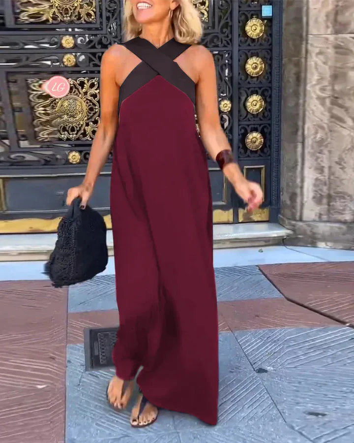 Women's Long Cross Dress Skirt European Style Mid-Waist A-Line Dress Polyester Fabric No-Sleeve Business Wear Single Piece